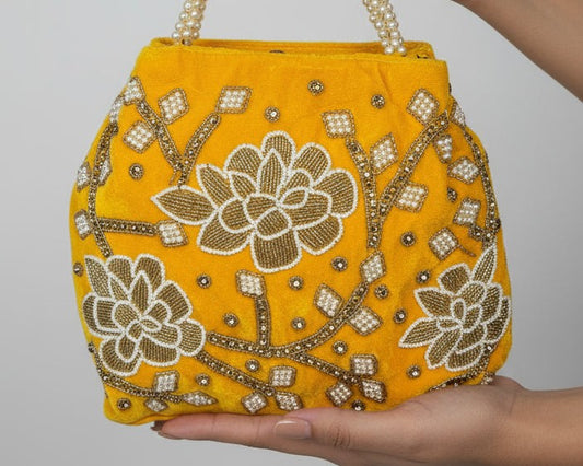 Yellow Velvet Potli Embroidery bag