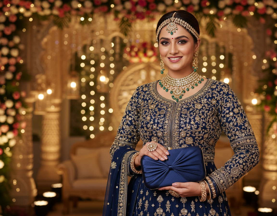 Navy Blue Bow Design Clutch