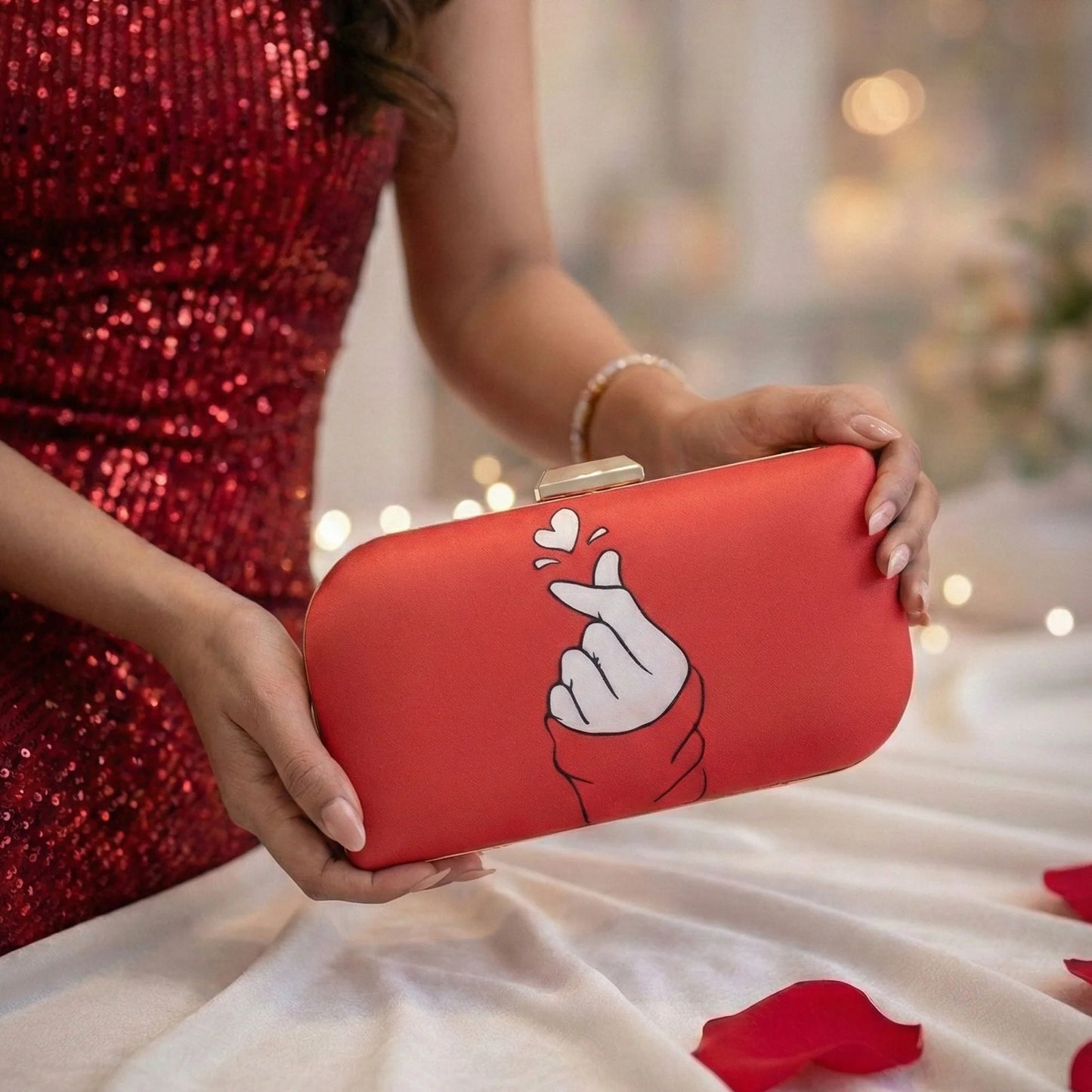 Finger heart design printed Clutch