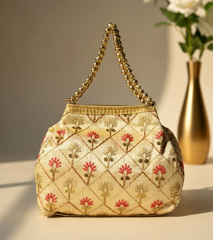 Gold Beaded Red Embroidery Potli