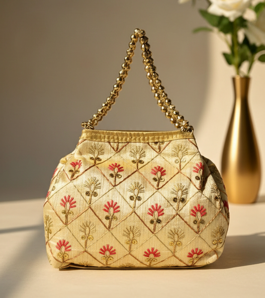 Gold Beaded Red Embroidery Potli