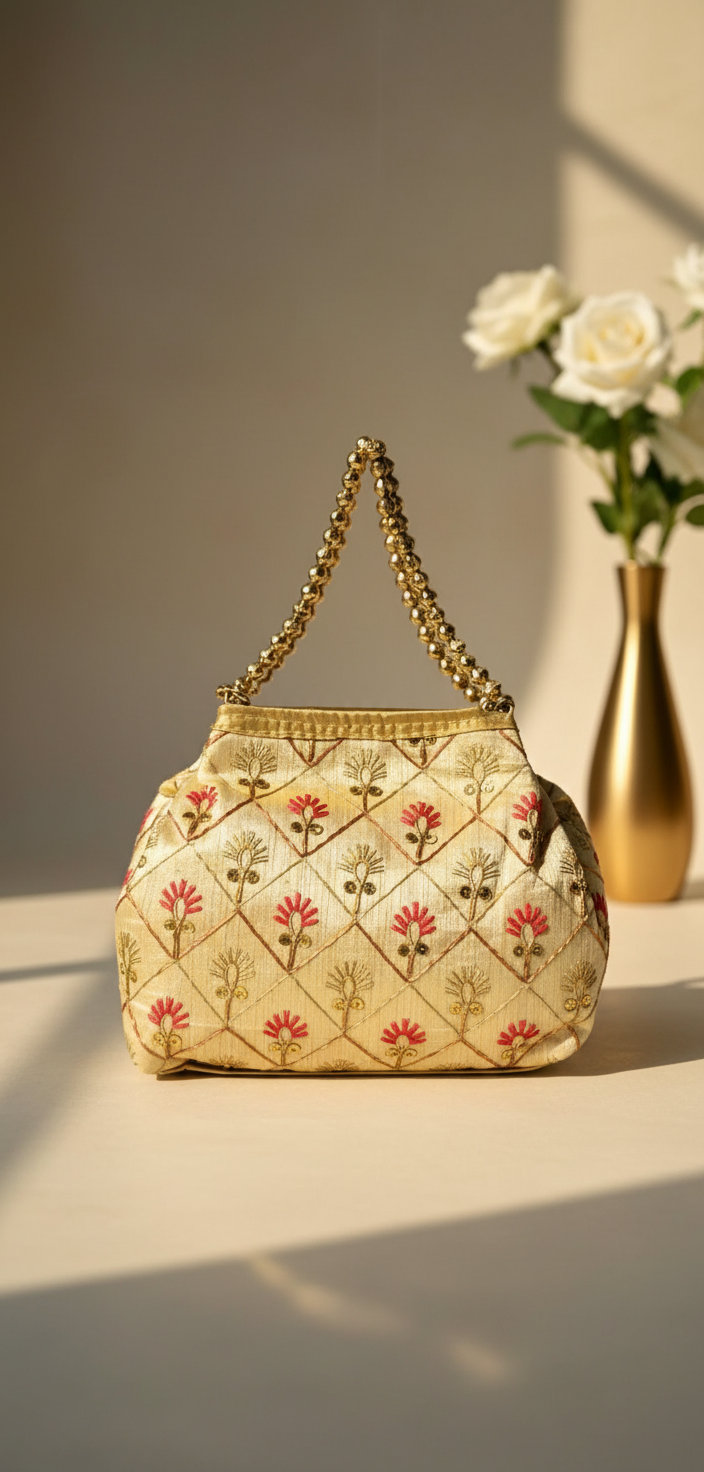 Gold Beaded Red Embroidery Potli