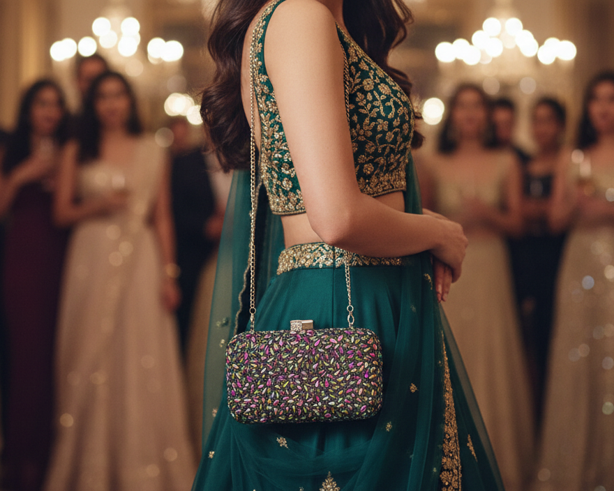 Green Multicolor Crystal Clutch